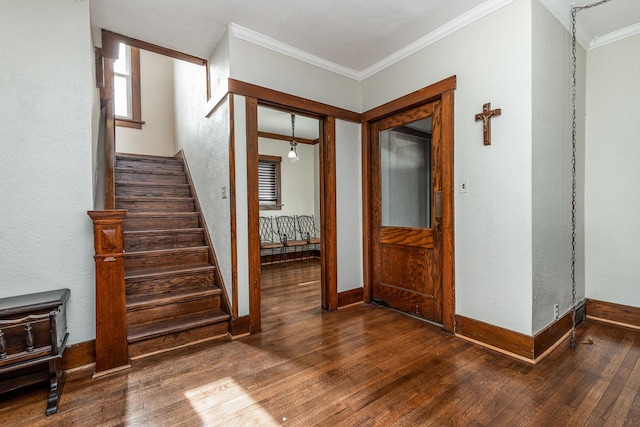 115 Van Buren St, Savanna, IL 61074 - stairs with wood-type flooring, ornamental molding, baseboards, and a textured wall