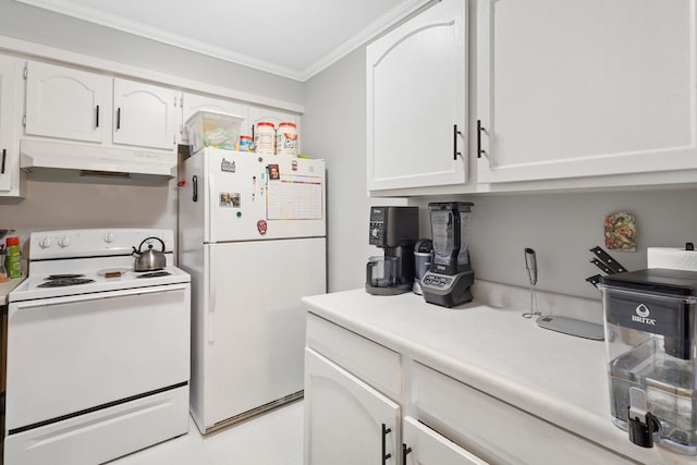 kitchen featuring under cabinet range hood, white appliances, white cabinetry, crown molding, and light countertops