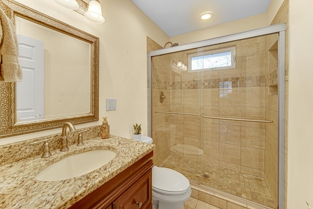 full bathroom with vanity, a stall shower, and toilet