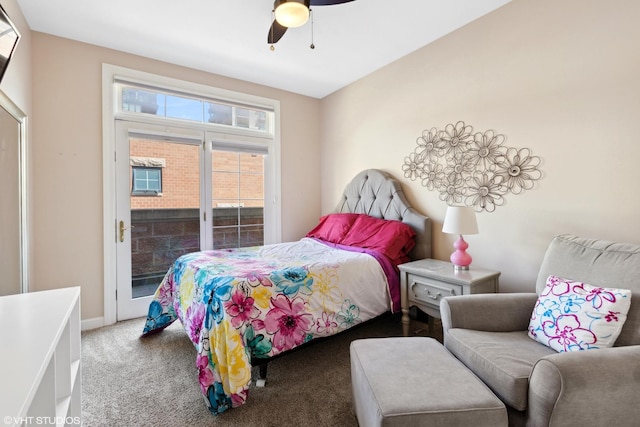 bedroom featuring carpet flooring, access to outside, a ceiling fan, and baseboards