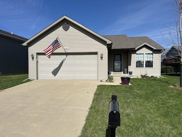 ranch-style home featuring a garage, a front lawn, and driveway