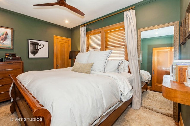 bedroom featuring crown molding, a ceiling fan, and recessed lighting