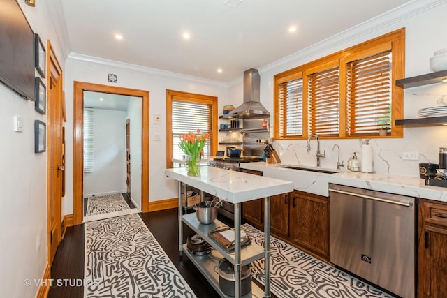 kitchen with stainless steel dishwasher, open shelves, wall chimney range hood, a sink, and ornamental molding
