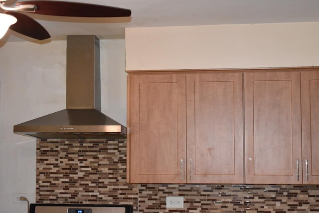 33 N Spring Ave, La Grange, IL 60525 - kitchen view of wall chimney range hood, decorative backsplash, and ceiling fan