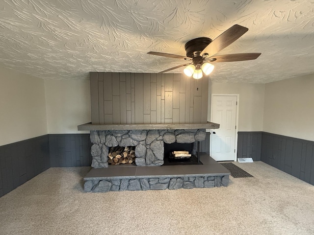 405 9th St, Mazon, IL 60444 - room details featuring wooden walls, wainscoting, a stone fireplace, and carpet