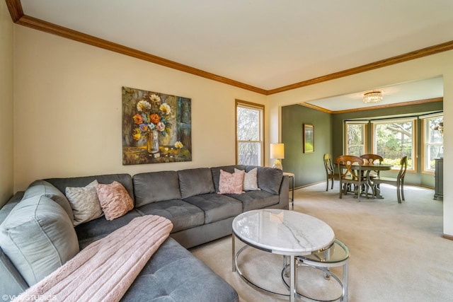 living room featuring light colored carpet, baseboards, and crown molding