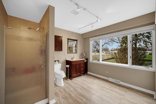 bathroom with vanity, toilet, visible vents, and a stall shower