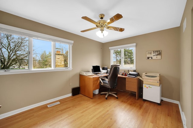 office space with visible vents, a ceiling fan, baseboards, and light wood finished floors