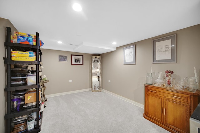 game room with recessed lighting, baseboards, and light carpet