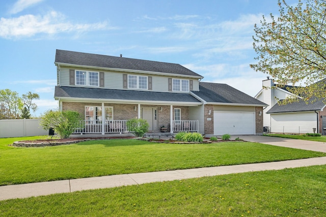 view of front of house featuring a porch, driveway, brick siding, fence, and an attached garage