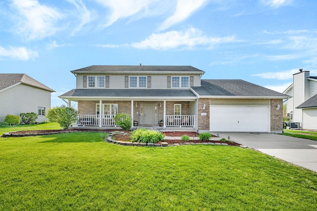 view of front of house with covered porch, an attached garage, concrete driveway, and brick siding