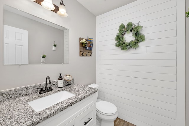 bathroom featuring vanity, wood finished floors, and toilet