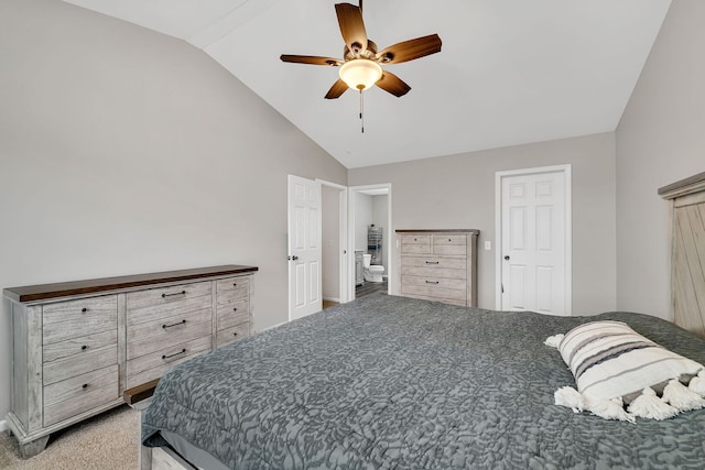 bedroom with light colored carpet, a ceiling fan, and lofted ceiling