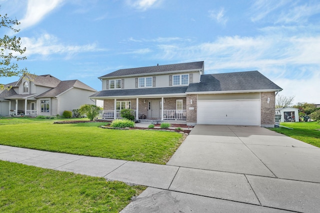 view of front of property with a garage, a front yard, a porch, and brick siding