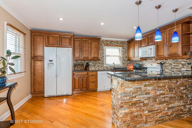 9459 Kelvin Ln Unit 2665, Schiller Park, IL 60176 - kitchen featuring open shelves, light wood-style flooring, backsplash, and white appliances