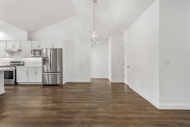 kitchen featuring stainless steel appliances, white cabinets, under cabinet range hood, light countertops, and high vaulted ceiling