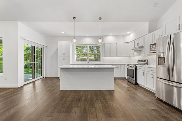 kitchen with appliances with stainless steel finishes, light countertops, healthy amount of natural light, dark wood-style flooring, and recessed lighting
