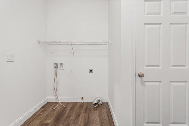 washroom with washer hookup, hookup for a gas dryer, dark wood finished floors, baseboards, and electric dryer hookup
