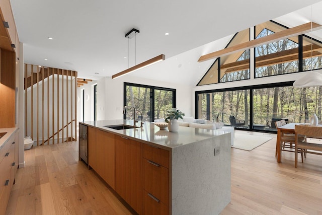 kitchen with a sink, modern cabinets, open floor plan, light wood-style flooring, and high vaulted ceiling