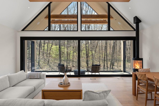 living area featuring high vaulted ceiling, wood finished floors, and a wood stove