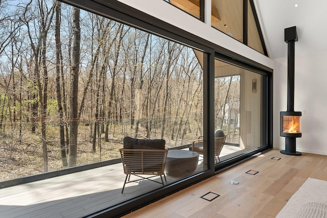 doorway featuring wood finished floors, plenty of natural light, a wood stove, high vaulted ceiling, and baseboards