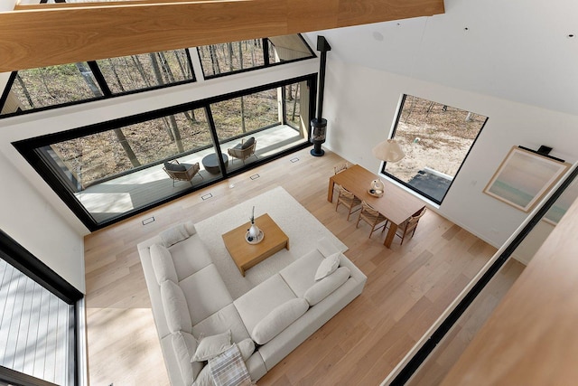 living area with a high ceiling and wood finished floors