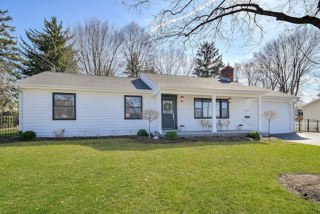 single story home featuring an attached garage, fence, a chimney, concrete driveway, and a porch