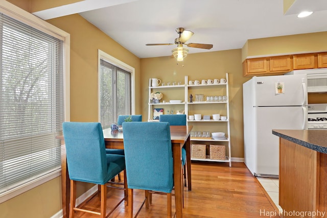dining area with a ceiling fan and light wood finished floors