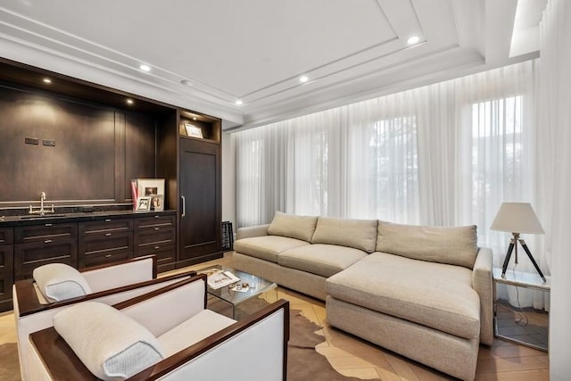 living room with recessed lighting
