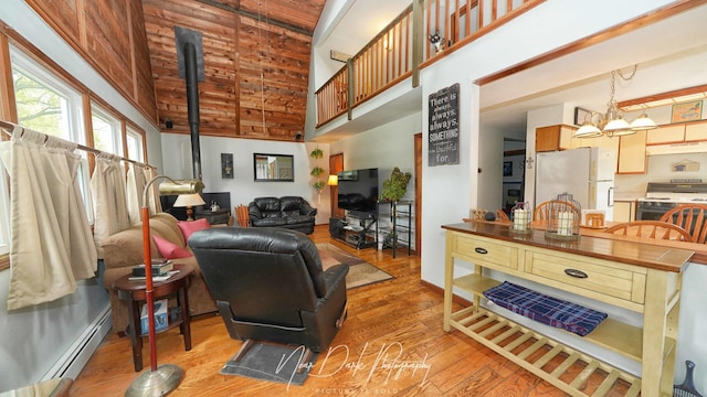 23233 W N Lakewood Ln, Lake Zurich, IL 60047 - living room with baseboard heating, a wood stove, high vaulted ceiling, wood finished floors, and wood ceiling