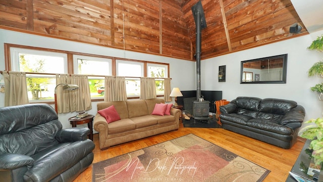 23233 W N Lakewood Ln, Lake Zurich, IL 60047 - living room featuring high vaulted ceiling, wood finished floors, and a wood stove