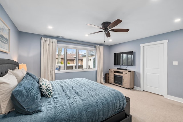 6932 Westview Dr, Oak Forest, IL 60452 - bedroom with visible vents, light carpet, baseboards, ceiling fan, and recessed lighting
