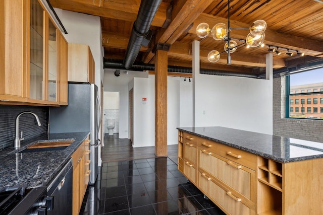 kitchen featuring backsplash, a sink, wooden ceiling, dishwashing machine, and light brown cabinets