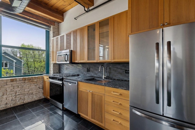 kitchen featuring decorative backsplash, a sink, wooden ceiling, dark stone counters, and stainless steel appliances