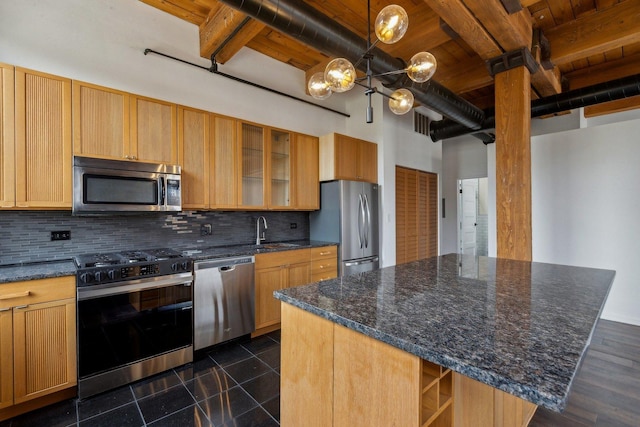 kitchen with wood ceiling, tasteful backsplash, beam ceiling, glass insert cabinets, and stainless steel appliances