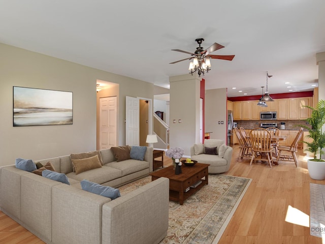 1341 N Home Ct, Palatine, IL 60074 - living area with a ceiling fan, light wood-style flooring, recessed lighting, and stairway