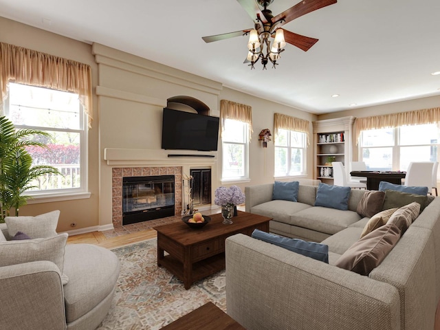 1341 N Home Ct, Palatine, IL 60074 - living room featuring ceiling fan, a tiled fireplace, light wood-style flooring, recessed lighting, and baseboards