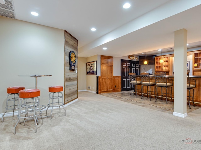 1341 N Home Ct, Palatine, IL 60074 - indoor wet bar with light carpet, recessed lighting, baseboards, and hanging light fixtures