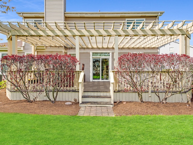 1341 N Home Ct, Palatine, IL 60074 - rear view of house with a pergola, a wooden deck, a chimney, and a yard