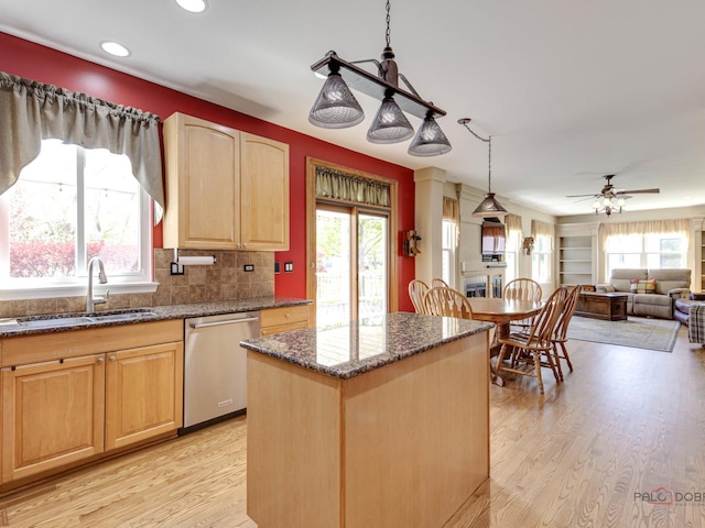1341 N Home Ct, Palatine, IL 60074 - kitchen featuring a sink, dishwasher, light brown cabinets, plenty of natural light, and recessed lighting
