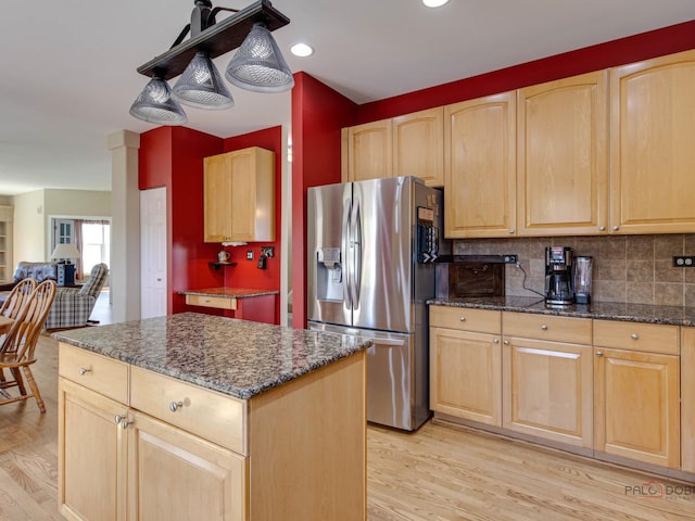 1341 N Home Ct, Palatine, IL 60074 - kitchen with stainless steel fridge with ice dispenser, light brown cabinets, light wood-style flooring, dark stone countertops, and recessed lighting