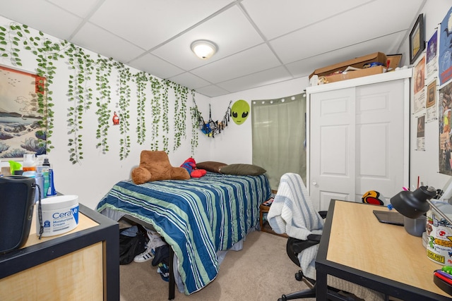 carpeted bedroom featuring a paneled ceiling