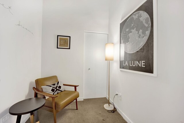 living area with carpet floors and baseboards