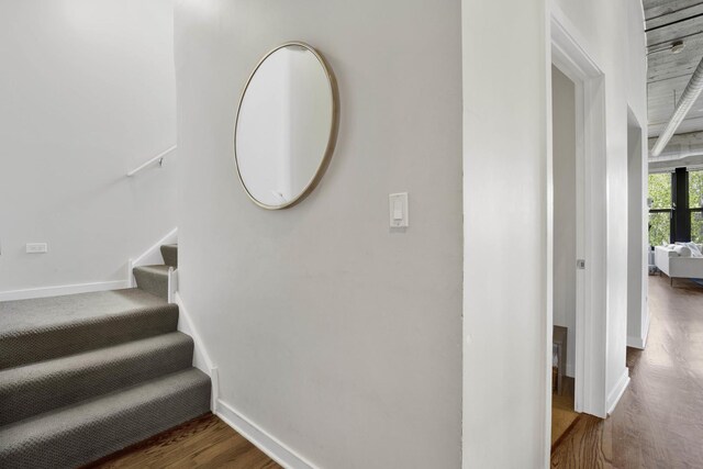 stairway with baseboards and wood finished floors