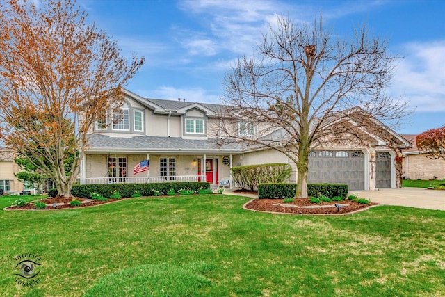 traditional-style home featuring concrete driveway, stucco siding, a porch, and a garage
