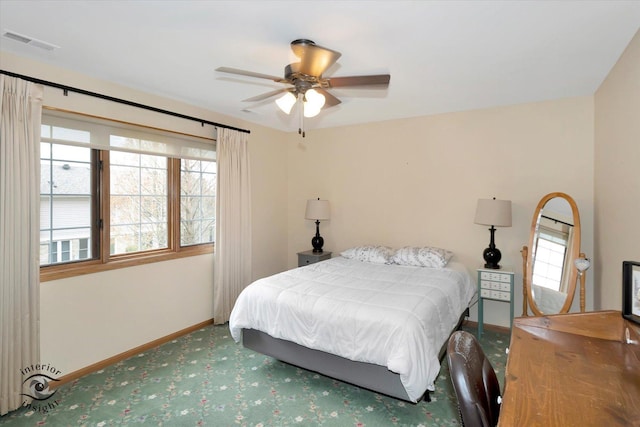 bedroom with baseboards, carpet, visible vents, and multiple windows