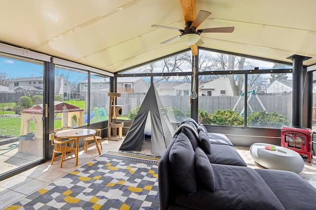 4569 Gettysburg Dr, Rolling Meadows, IL 60008 - sunroom / solarium with tile patterned flooring, vaulted ceiling with beams, and a residential view