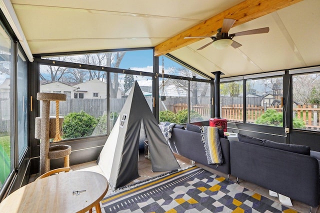4569 Gettysburg Dr, Rolling Meadows, IL 60008 - sunroom featuring ceiling fan, beamed ceiling, and outdoor lounge area