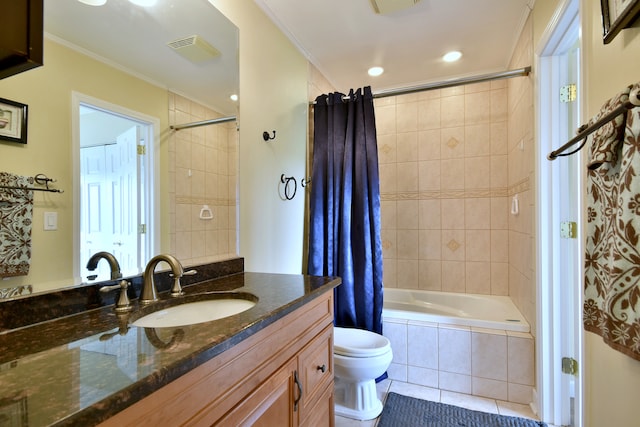 full bath featuring visible vents, crown molding, tile patterned floors, vanity, and tiled shower / bath combo