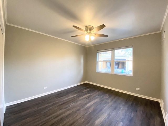 unfurnished room with a ceiling fan, baseboards, and dark wood-style floors